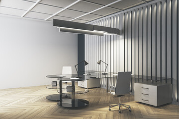 Modern office interior with wooden flooring, desk, chair, and bookcase. Design and workplace concept. 3D Rendering.