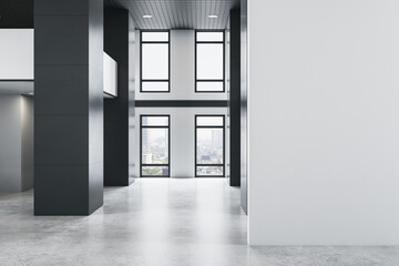 Modern empty office interior with empty mock up place on wall and windows and city view. 3D Rendering.