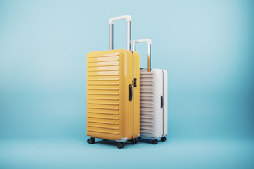 Two modern suitcase on blue background with mock up place. Luggage, bag and airplane concept. 3D Rendering.