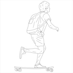 Fototapeta na wymiar Skater man coloring book. A man using a bag is going on his skateboard. Cartoon vector illustration
