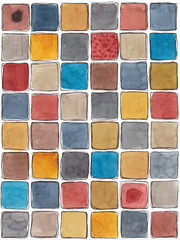 Tiles pattern painted with watercolors, with lined border, colorful