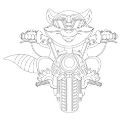 The biker raccoon coloring book. Vector illustration of a tiger motorcyclist.