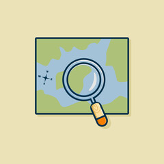 Magnifying glass and map cartoon drawing vector illustration