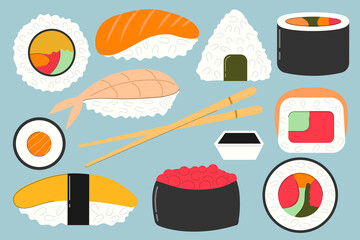Sushi set Vector flat Illustration. Japanese food.
