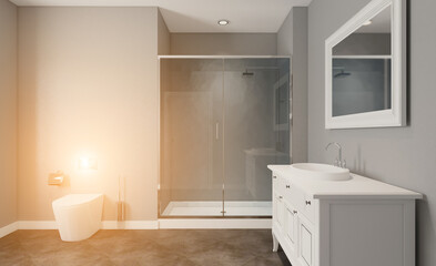 Fototapeta na wymiar Scandinavian bathroom, classic vintage interior design. 3D rendering., Sunset.