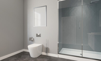 Fototapeta na wymiar Modern bathroom including bath and sink. 3D rendering.. Mockup. Empty paintings