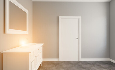 Clean and fresh bathroom with natural light. 3D rendering., Sunset.