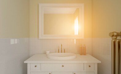 Spacious bathroom in gray tones with heated floors, freestanding tub. 3D rendering.