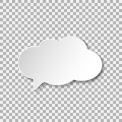 Fototapeta premium Vector paper cut speech bubble in the shape of a cloud. White volume element with shadow underneath on transparent background. Volumetric, trendy design. Best for polygraphy, print and web. 