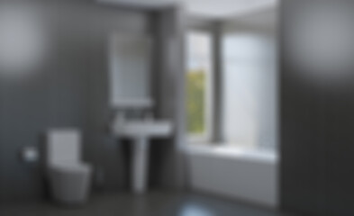 Bokeh blurred phototography. Spacious bathroom in gray tones with heated floors, freestanding