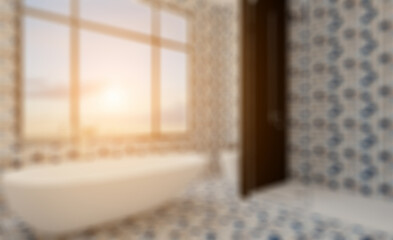 Scandinavian bathroom, classic  vintage interior design. 3D rend. Abstract blur phototography.
