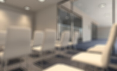 Front view of an office interior with a row of dark wood tables.. Abstract blur phototography.