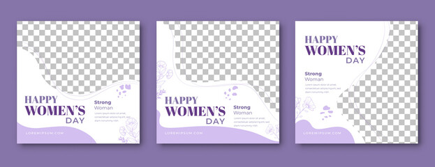 Women's day social media post template. Editable square banner with flower decoration and place for the photo. Usable for social media post, banner, card, and web