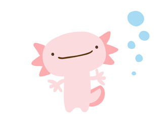 かわいいウーパールーパーとあぶく／手描きイラスト素材
