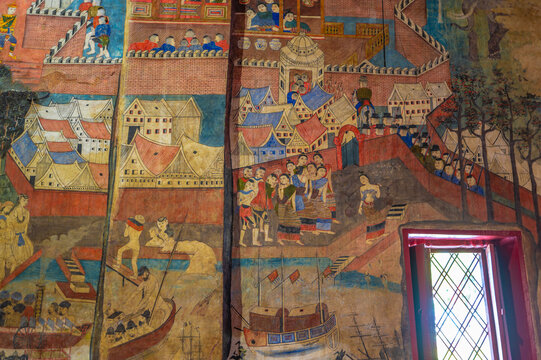 Picture of Wall painting about whispers of love at Wat Phumin (Phumin Temple), Nan, Thailand.