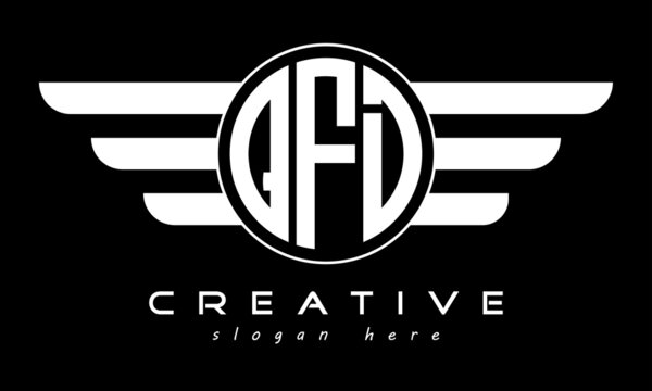 QFD three letter monogram type letter logo with wings vector template.