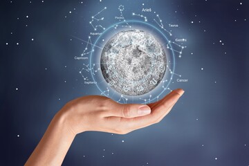 Astrological zodiac signs over the moon in hand. Stars in the sky. The power of the universe...
