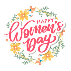 Women's Day hand drawn lettering. Red text isolated on white for postcard, poster, banner design element. Happy Women's Day script calligraphy. Ready holiday lettering design.