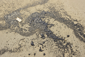 An oil leak in the ocean and a beach side effect at the Mae ramphueng beach,Rayong Thailand
