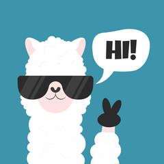 Cute cartoon llama with glasses and speech bubble. Animal portrait. Alpaca vector illustration isolated on background