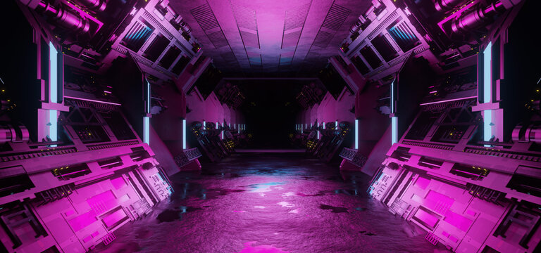 Blue and pink interior with neon lights on panel walls. Futuristic corridor in spaceship laboratory station background. 3d rendering