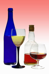 A glass of white wine, a bottle of wine, a glass of whiskey and a bottle of whiskey on a colored background.