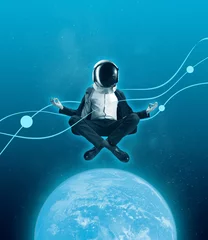 Tuinposter Contemporary art collage with businessman in helmet sitting in lotus position on outer space background. Concept of astronautics, dreams, Day of Human Space Flight © master1305