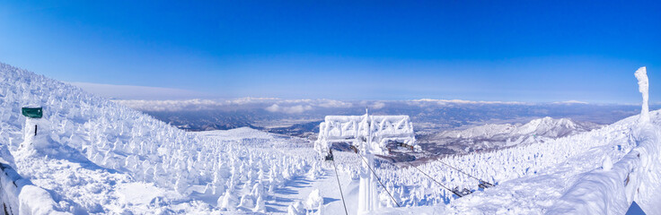 Looking out over snow monsters plateau from the top of  observatory (Zao-onsen ski resort, Yamagata, Japan)