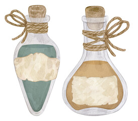 Set of watercolor illustrations with vintage blue and orange potion bottles decorated with rope and labels. Isolated.