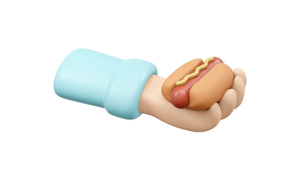 3D Rendering Of Hand Holding Hotdog Isolate On White Background. 3D Render Illustration Cartoon Style.