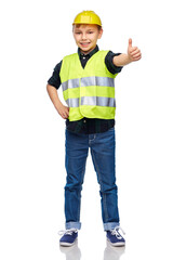 building, construction and profession concept - happy smiling little boy in protective helmet and safety vest showing thumbs up over white background