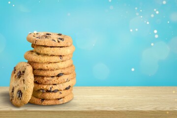 Peanut butter cookies stack on wooden board. Traditional american dessert, nutrition snack, dessert or breakfast food.