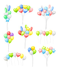 Bunches of shiny flying helium balloons set. Birthday party holiday decoration vector illustration
