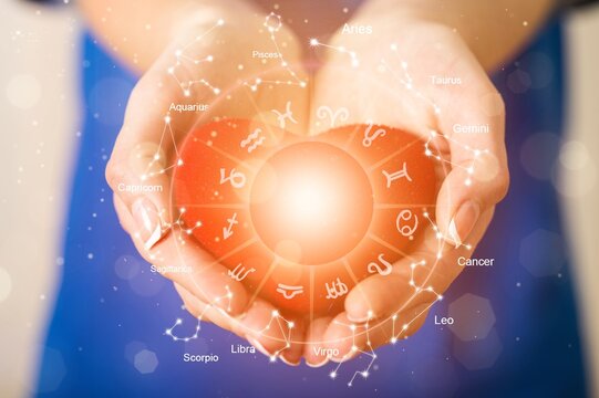 The hands are the heart shape with the sun light passing through the hands have astrological symbols