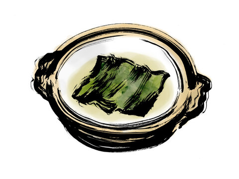 昆布とだしの入った土鍋の手描き和風イラスト