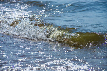 Sea wave with spray and foam near the shore