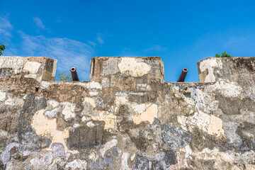Two cannons on Mount Fortress in Macau, China. The fort also called Fortaleza do Monte or Monte Forte.