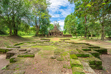 Prasat Ta Muean Tot view from front cruciform walkway. It is The Arokayasala or Hospital with Ancient Khmer Art of Bayon Style.