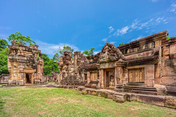 Fototapeta na wymiar Front corridor, Principal and small Tower of Prasat Ta Muean Thom. It is an Ancient Khmer temple in Surin province, Thailand, Southeast Asia.