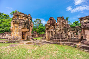 Fototapeta na wymiar Principal and small Tower of Prasat Ta Muean Thom. It is an Ancient Khmer temple in Surin province, Thailand, Southeast Asia.