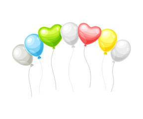 Shiny flying balloons with ropes. Holidays celebration decor vector illustration