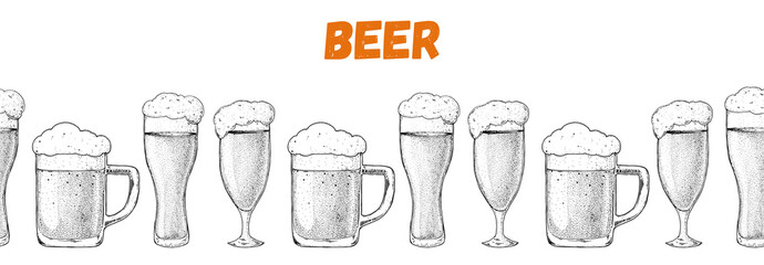Beer glasses sketch. Pub or bar menu design template. Horizontal seamless background. Hand drawn vector illustration.
