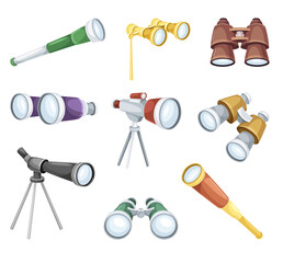 Optical instruments for viewing distant objects set. Telescope, binoculars, opera glasses, spyglass vector illustration - obrazy, fototapety, plakaty