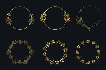 Set of gold laurel wreath. Luxury circle frame border floral ornament for background, wedding invitation, thank you card, logo, greeting card.