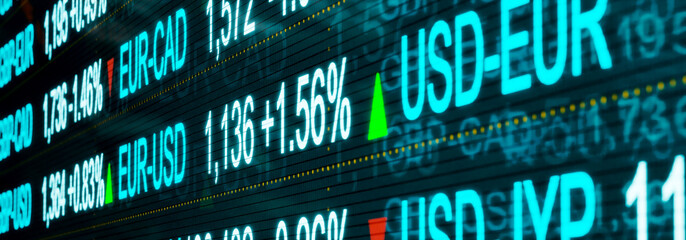 Forex trading. Close-up currency rates and symbols from USD, EUR, GBP, JPY or AUD on a trading monitor with slightly defocus at the edges. Currency and exchange rates concept. 3D illustration	 - obrazy, fototapety, plakaty