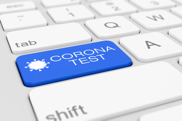 Computer-Tastatur mit einer blauen Taste und der Aufschrift Coronatest