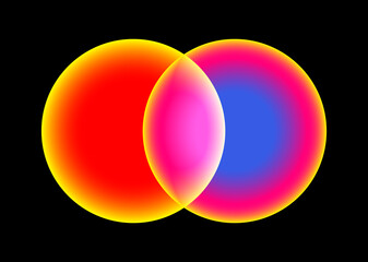 Sunset and rainbow projector lamps with orange, yellow, blue and pink light on black background. Neon gradient effect circle overlay.