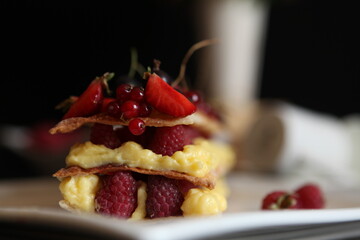 Cakes, custard and fresh berries