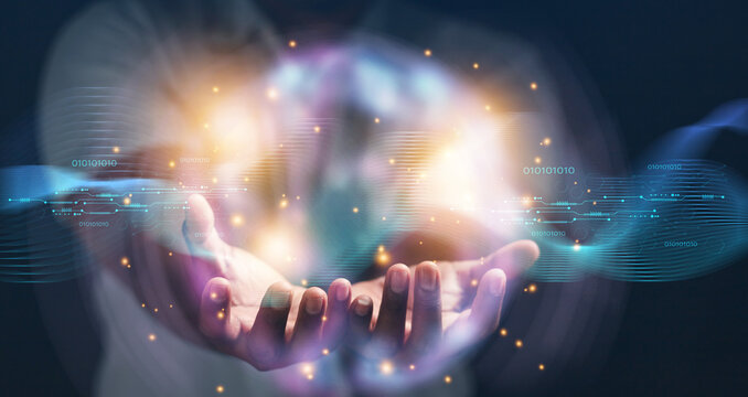 Business people show the future world of metaverse, internet technology, networking applications around the world. to create a virtual image
