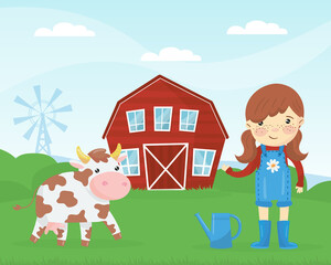 Farm scene with cute girl farmer, red barn and cow vector illustration